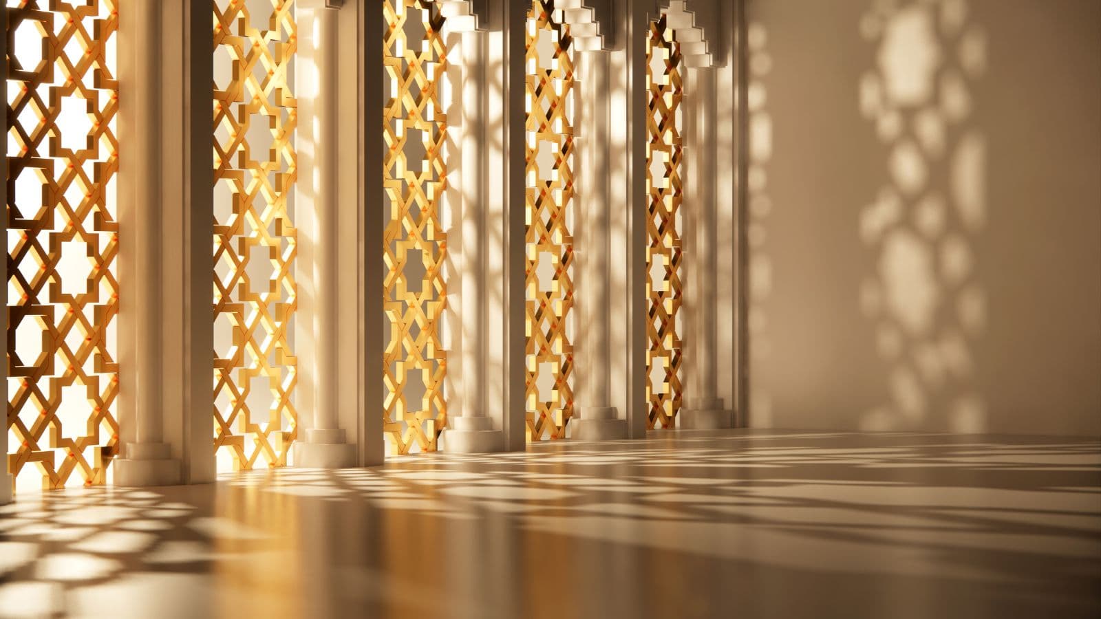 Intérieur de mosquée vide éclairé par une fenêtre géométrique