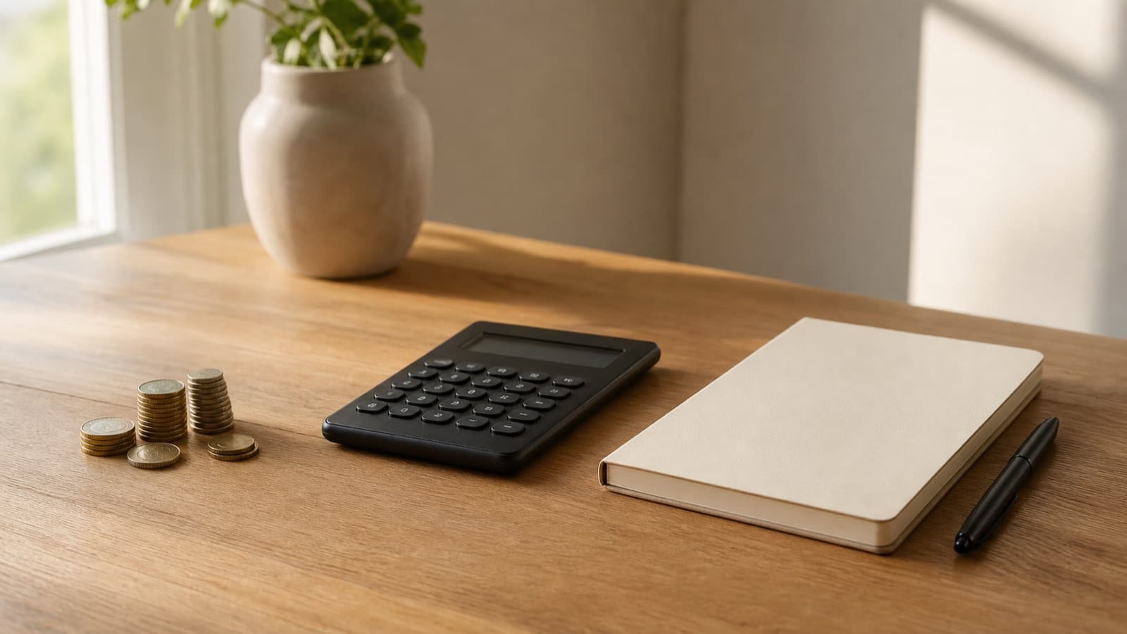 Bureau de gestion avec calculatrice, carnet et pièces