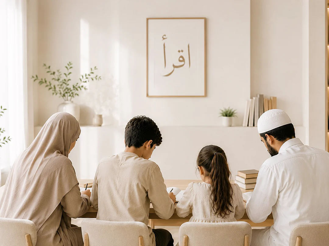 Une famille étudie autour d'une table, sous un cadre calligraphié « Iqra »